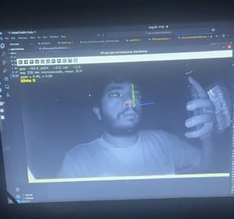 IR camera view of a face with landmarks, head-pose axes and yaw, pitch, roll and blink readouts