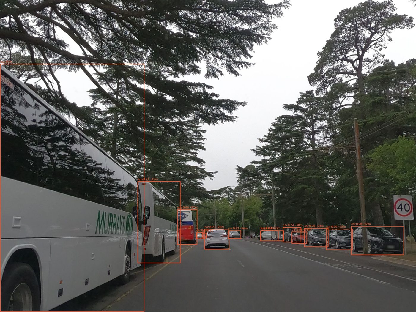 Street with coaches and parked cars boxed