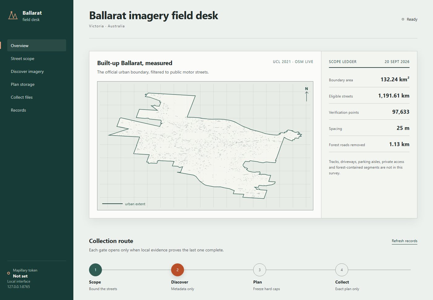 Local field-desk dashboard with the Ballarat boundary